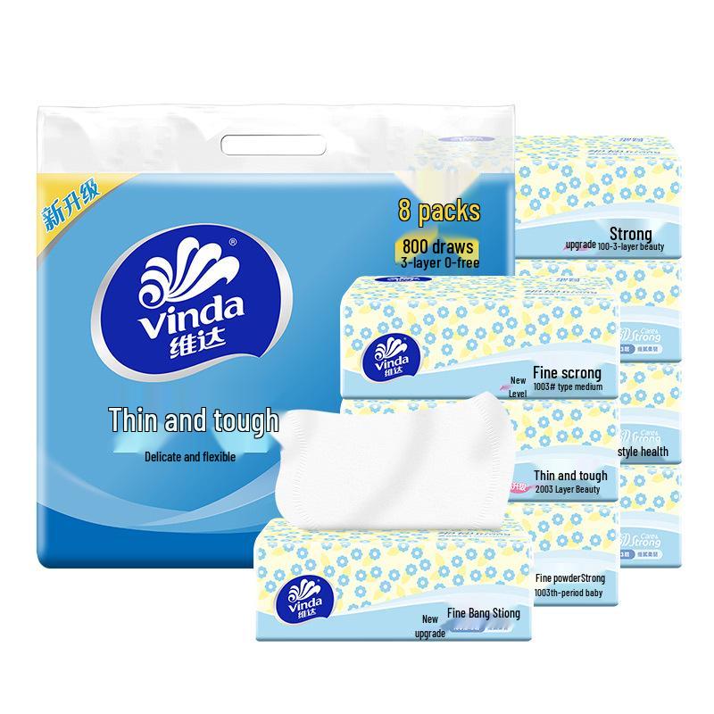 Vinda 3-Ply Fragrance-Free Facial Tissue: 8 Packs of 100 Sheets, Fine & Durable.