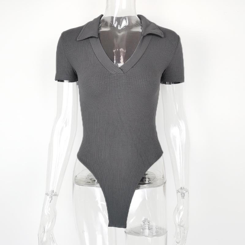 2025 Summer European & American Women's Cotton Ribbed Polo Neck Slim-Fit Short-Sleeve Jumpsuit