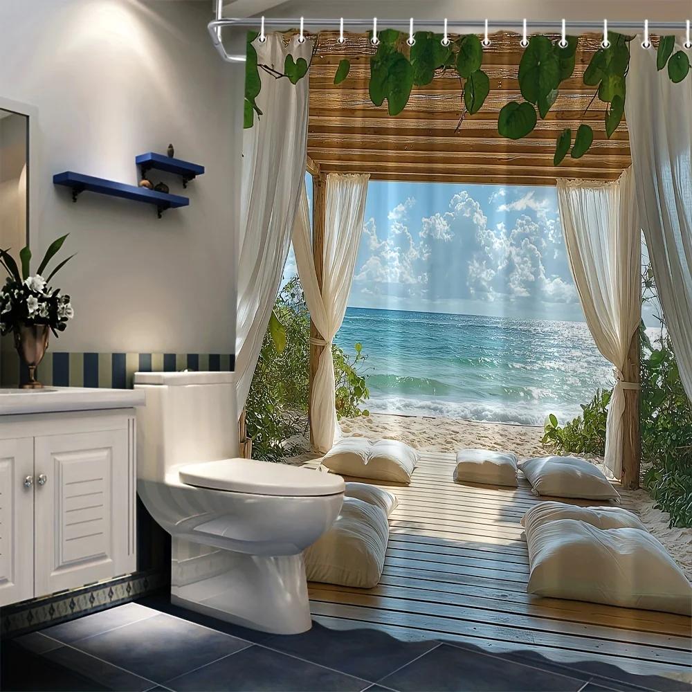 Elegante Cortina de Ducha Impermeable con Vista a Playa Tropical – Perfecta Para Traer una Atmósfera Relajante Inspirada en el Paraíso