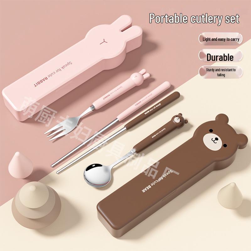 Conjunto de Talheres Portátil de Aço Inoxidável 304 Estilo Inspirado Desenho Animado: Colher, Garfo e Hashis para Estudantes e Trabalhadores de Escritório