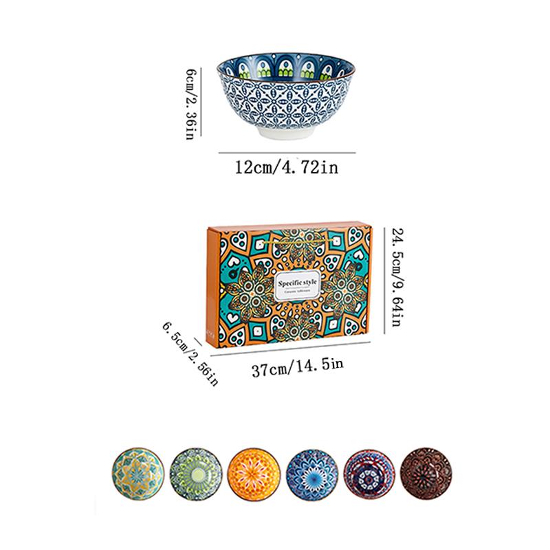 6-Piece Bohemian Mandala Ceramic Bowls - Dishwasher & Microwave Safe, Perfect for Cereal, Soup, Pasta, Salad, Ice Cream Bowls