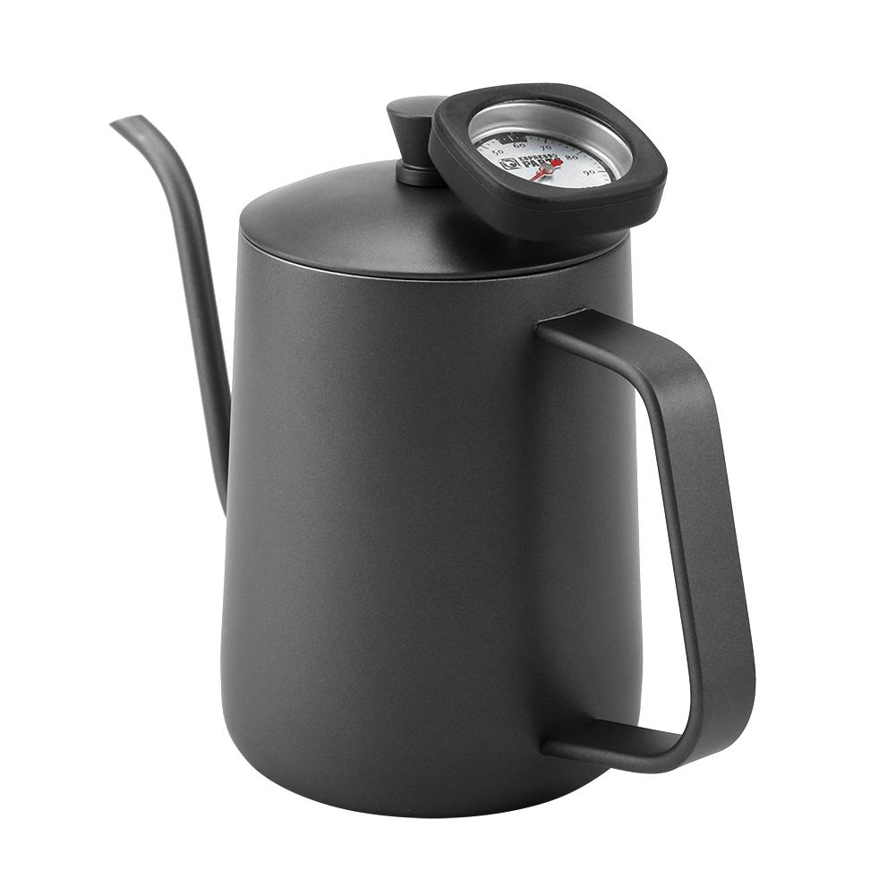 600ml Kaffekanna i rostfritt stål Svanhalsutlopp Tekanna med termometer(Svart)