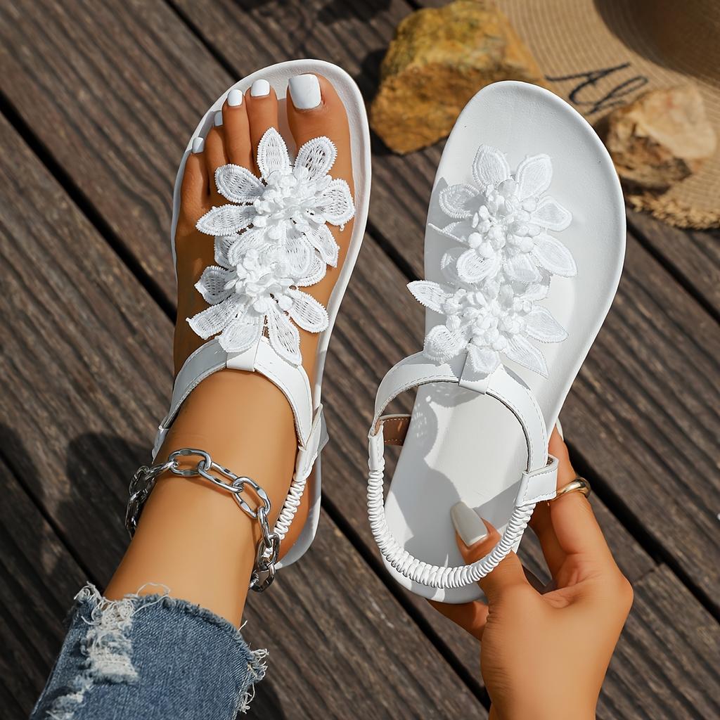 Damen rein weiße florale flache Sandalen elastischer Riemen Komfort lässig Outdoor Sommerschuhe