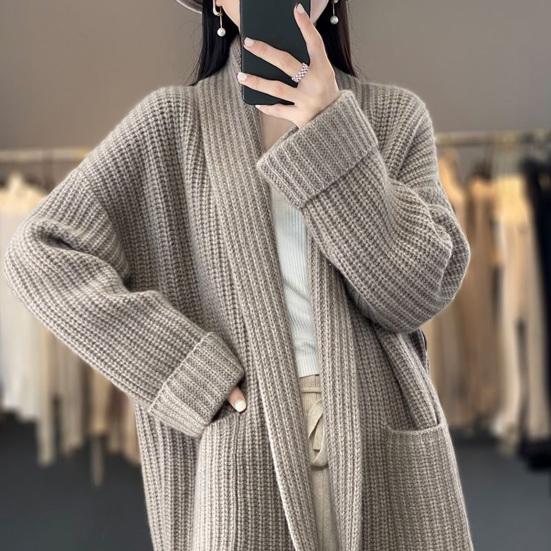 Sweater Coat Lapel Long Sleeve Open Front Knitting Sweater Coat with Pockets Solid Color Mid-length Casual