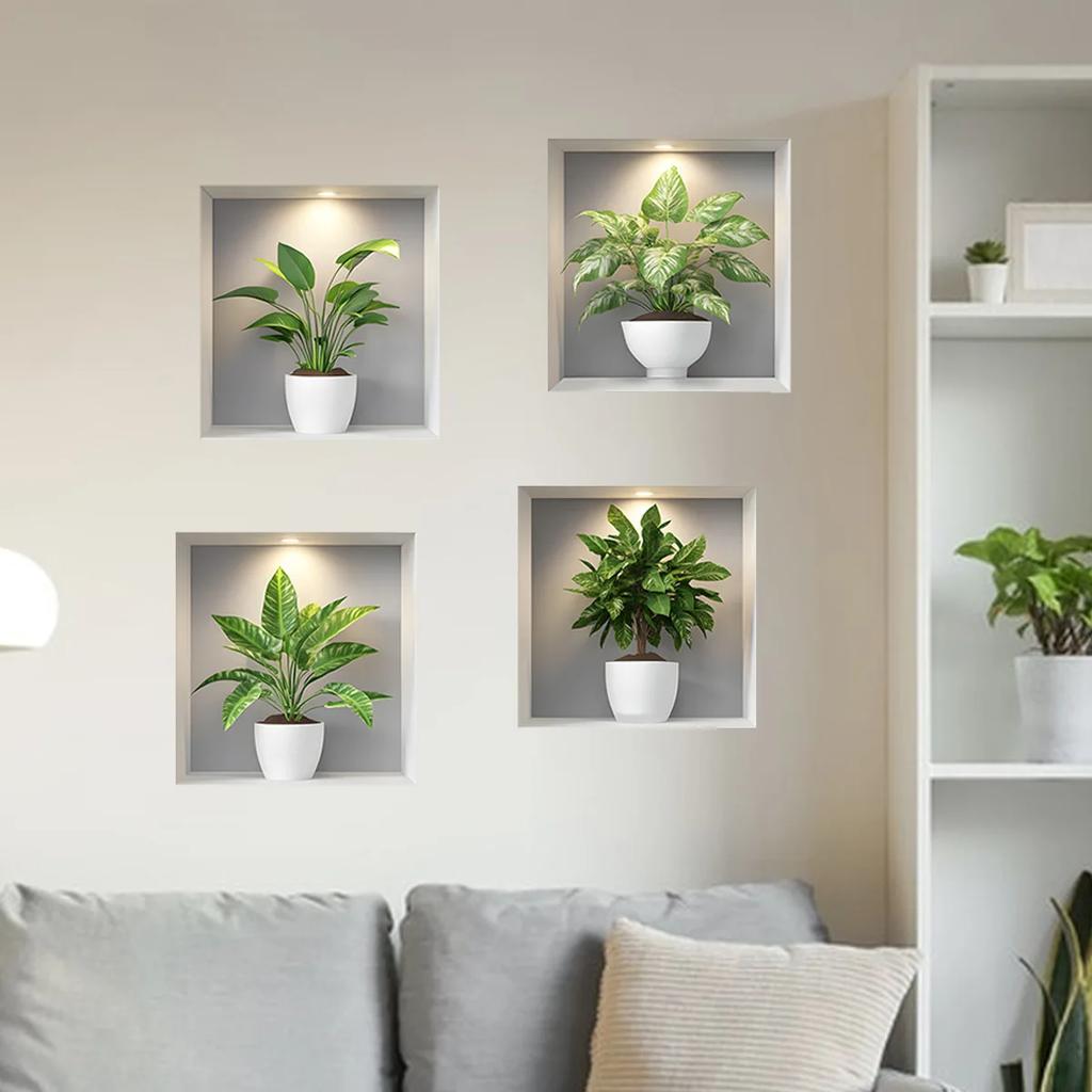 New 4PCS Tropical Green Plants Potted Plant Wall Stickers for Bedroom, Living Room, Entrance, Home Wall Decoration Stickers