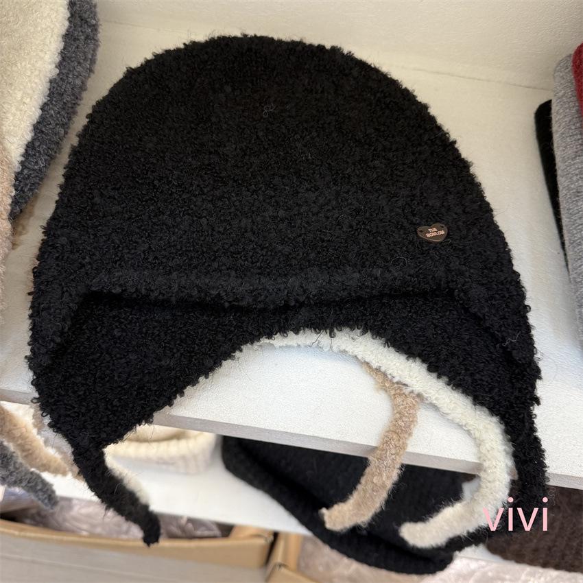 Soft waxy seam buckle small standard wool blended knitted ear protection hat autumn and winter versatile lace-up warm and cold-proof flying hat