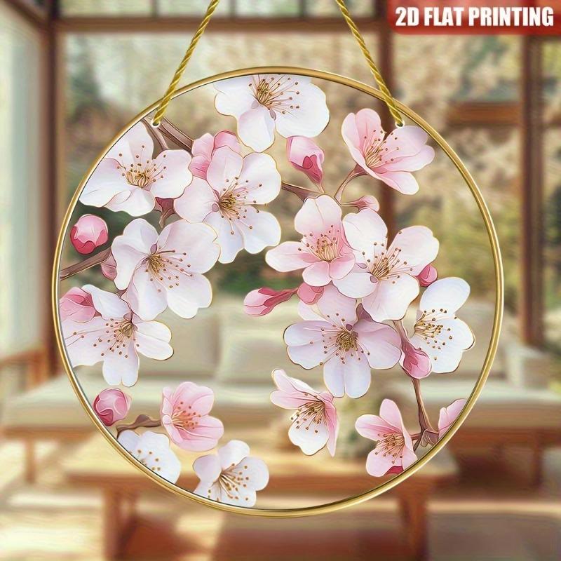 2D Flat Cherry Blossom Round Acrylic Decoration Sign, Home Decor Plaque Hanging Wall Art Decorative Garden Decoration for Room Door Signs Hanging Squa 20x20cm
