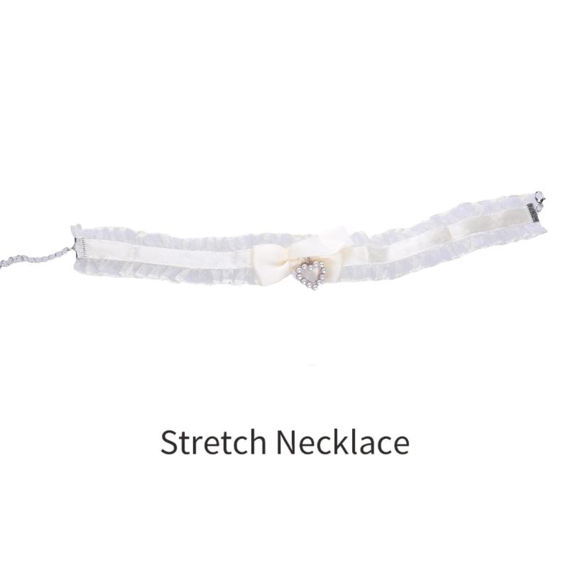 Fashion Harajuku Cloth Collarbone Chain Temperament Simple Cold Wind Big Heart Bowknot Pearls Loves Necklace Lace Chain