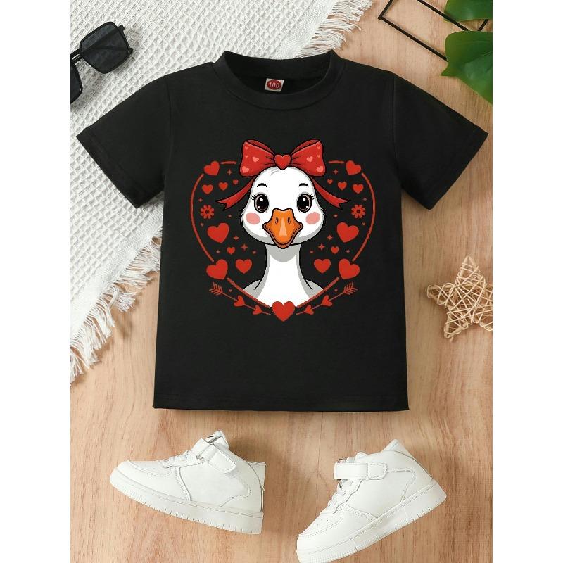 European sizes Cute and Sweet Heart-shaped Duck Print, Round Neck T-shirt for Girls, Stylish and Comfortable, Perfect for Playing Outdoors. 98cm чёрный