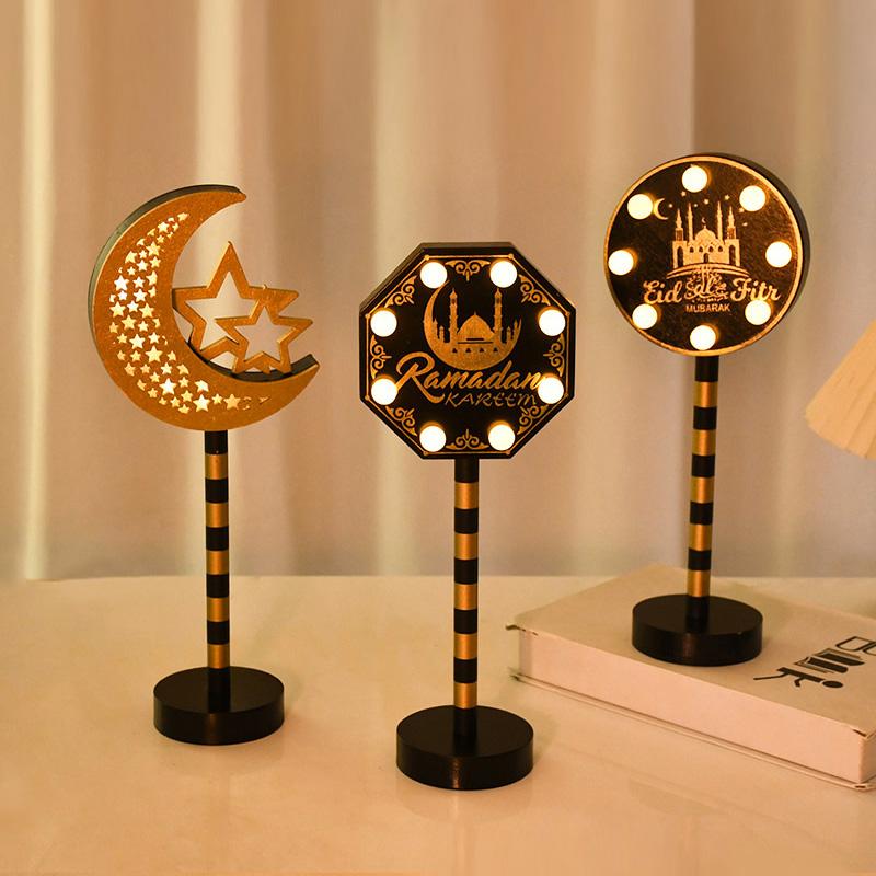 Eid Mubarak Mond Stern Lampe Holz Ornament 2025 Ramadan Kareem Heim Tisch Dekoration LED Licht Laterne Islamische Muslimische Party Geschenk