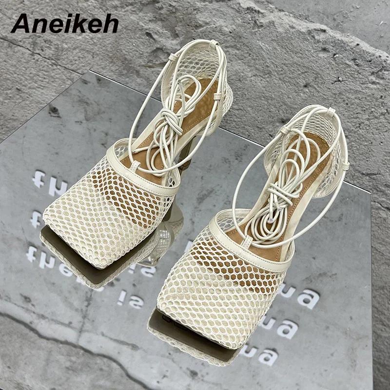 2025 Summer Sexy Mesh Pumps Sandals Female Square Toe High Heel Lace Up Cross-Tied Stiletto Hollow Dress Party Shoes 43