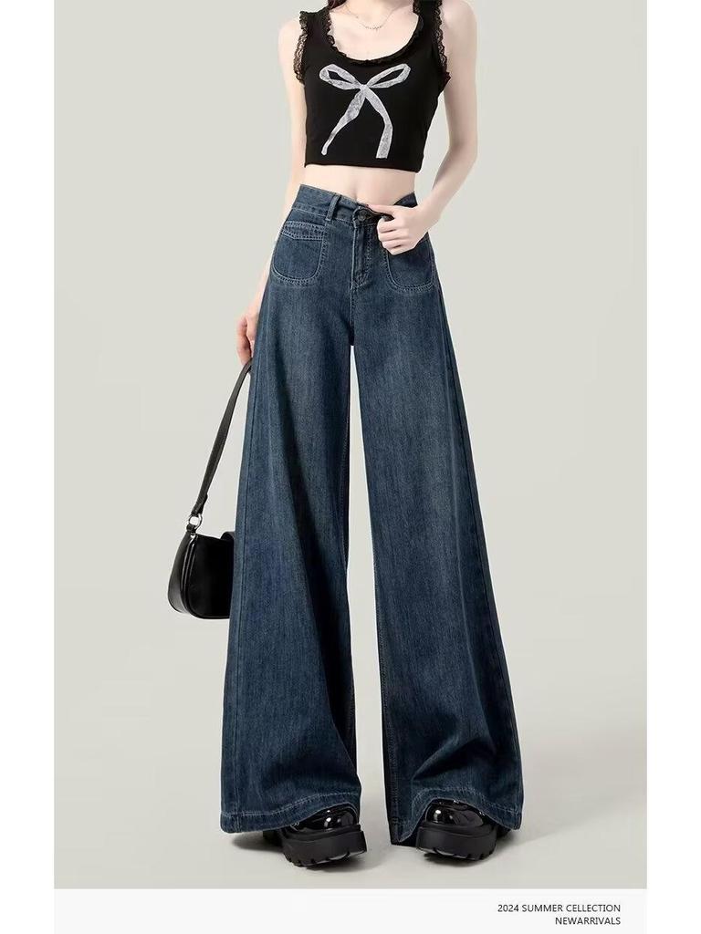 Women's Wide-Leg Jeans, Loose Fit, Plus Velvet, Spring/Winter, Plus Size, Drape Straight-Leg, Floor-Length (2024 Style)