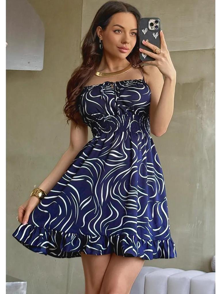 European-American Women's Summer V-Neck Lace-Up Printed Sling Dress
