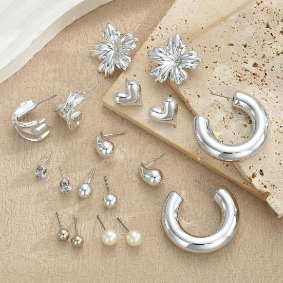 9 Pairs Stud Earrings Bright Silver Mirror Polished Hearts Snowflake Cubic Zirconia Faux Pearls Geometry Design Ear Studs