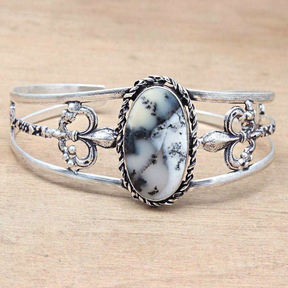 Dendritic Opal Gemstone Handmade Silver Jewelry Cuff Bracelets 7''Adjustable