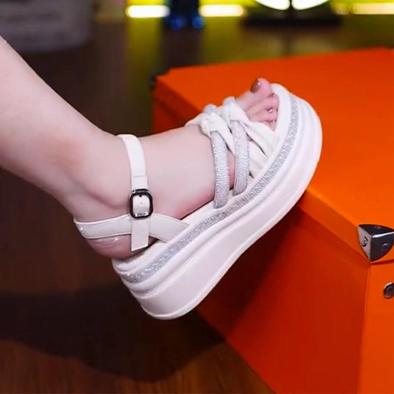 Height-increasing sandals women's summer new muffin wedge heel leather platform sneakers rhinestone sandals women