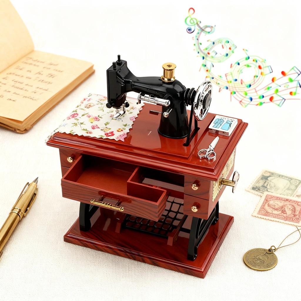 Vintage Sewing Machine Music Box Wooden Music Box Home Decor Gift Living Room, Bedroom, Dining Table Decor