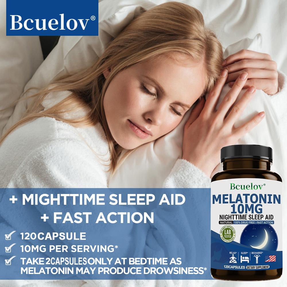 Bcuelov Melatonin Capsules 10mg Relieve Emotions and Improve Difficulty Falling Asleep 120 Capsules