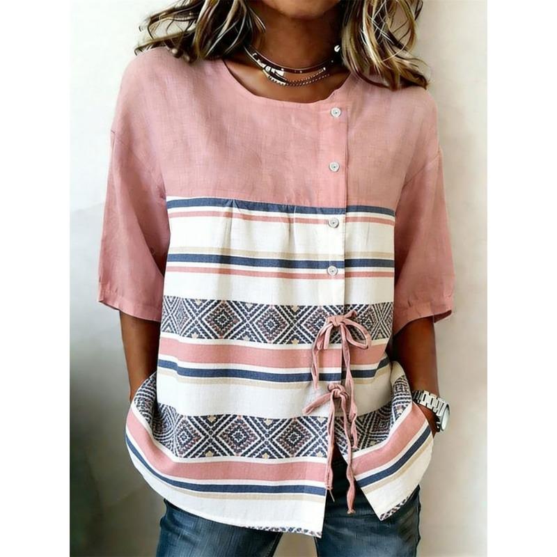 Women's Geometric Striped Print Casual Blouse, Button Tie Front Loose Top with Pockets for Spring Summer Daily Wear