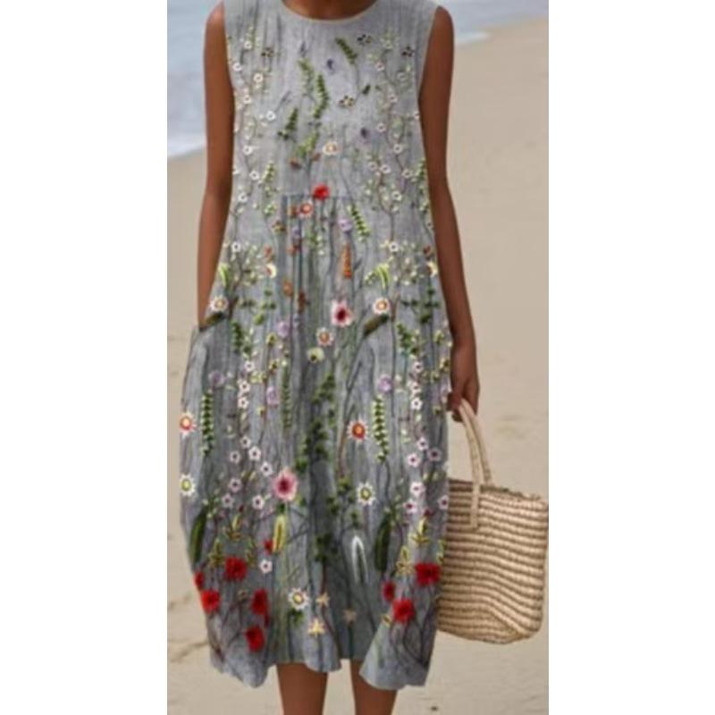 LYRIA 3D-Druck Rundhals Leichtes Kleid Ärmellos Sommer Strandkleid Lässig Mode A-Linien-Kleid Damen Elegante Blumenkleider