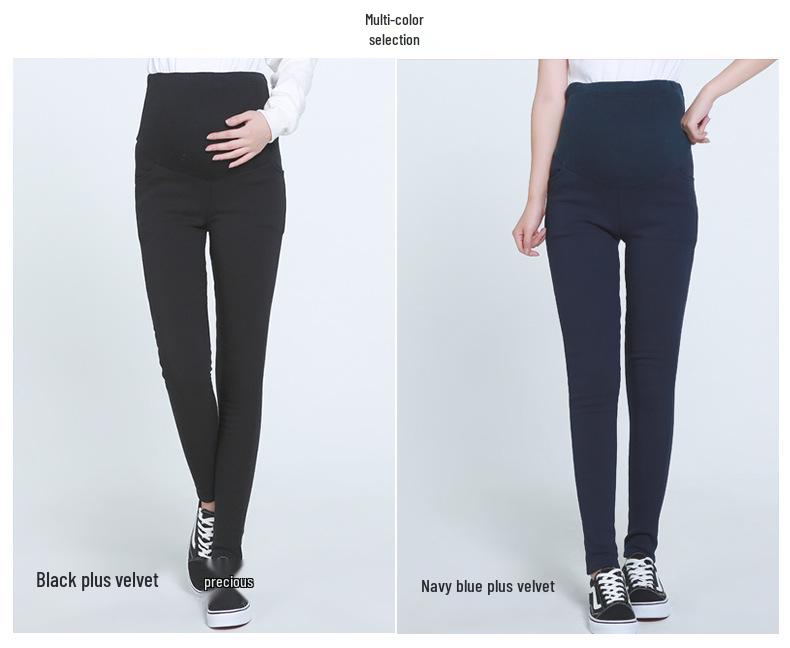 Plus Size Fleece-Lined Maternity Pants with Belly Support for Autumn and Winter