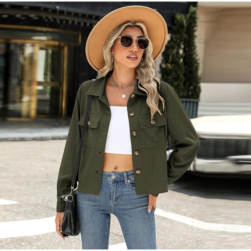Autumn Women Fashion Casual Coat Button Down Tops Solid Turn-down Collar Long Sleeve Office Lady Crop Jackets