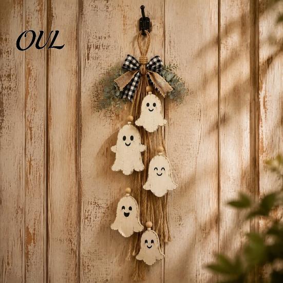 Cute Ghost Gift for Home Halloween Rustic Wall Hanging Decor with Wood Beads & Hemp Rope, Farmhouse Easy To Hang Porch Pendant Living Room Bedroom And