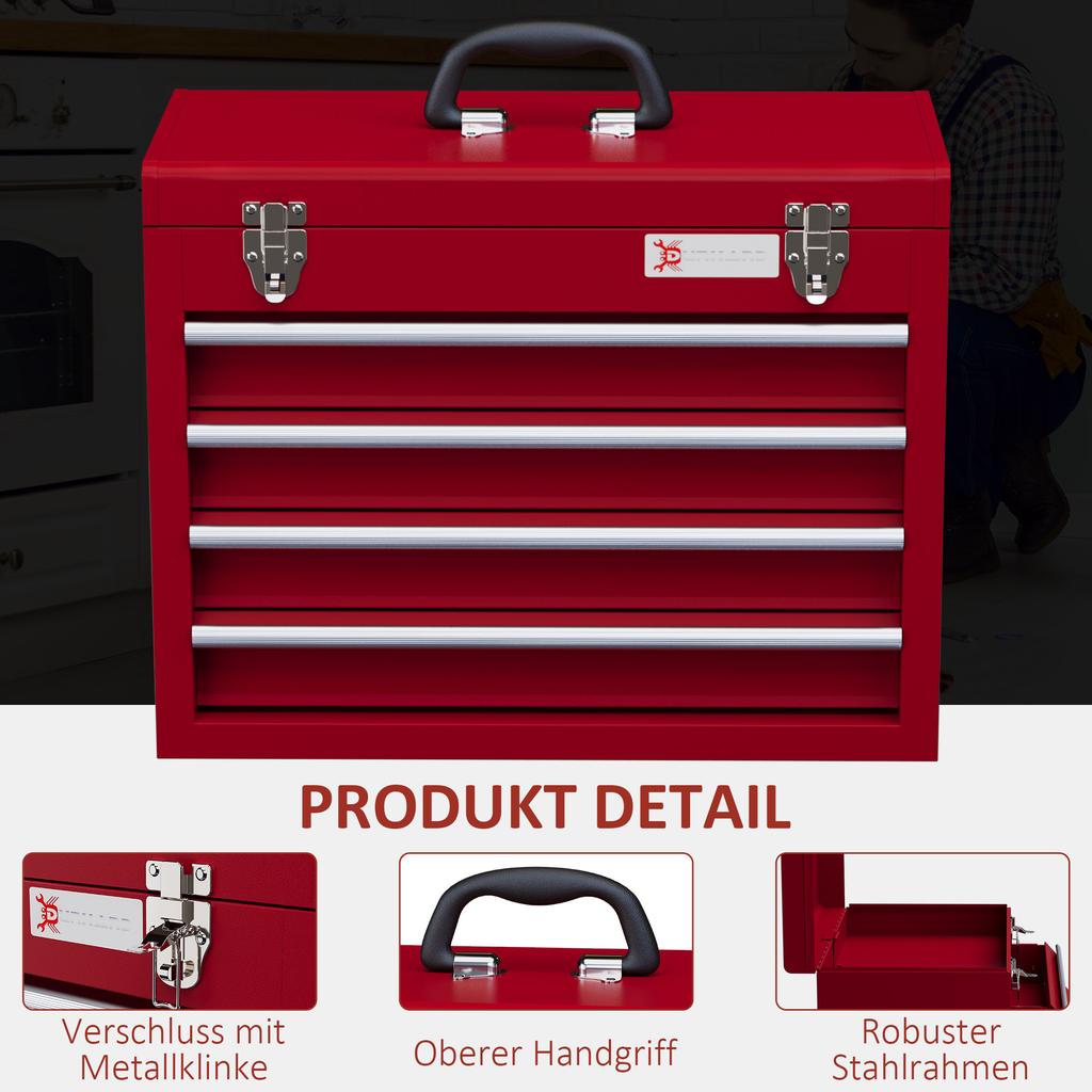 Lockable Metal Tool Box, 4 Drawer Tool Chest with Latches, Handle, Ball Bearing Runners, Red