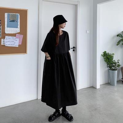 Loose Round Neck Large Pocket Midi Dress Summer Plus Size Women's Casual Short Sleeve Dresses