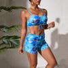 Women's Split Printed Three-piece Long-sleeved Sunscreen Blouse High Waist Boxer Swimsuit
