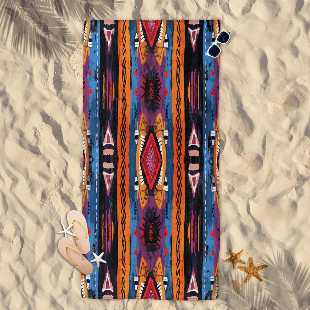 Ethnic Style Colorful Patterns Beach Towel, Large Microfiber Quick Dry Lightweight Pool Bath Towels Sand Free Beach Blanket for