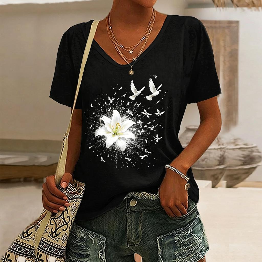 Women's Sunflower Print V-Neck T-Shirt, Casual Short Sleeve Tops,Bright Floral Daily Wear for Spring & Summer