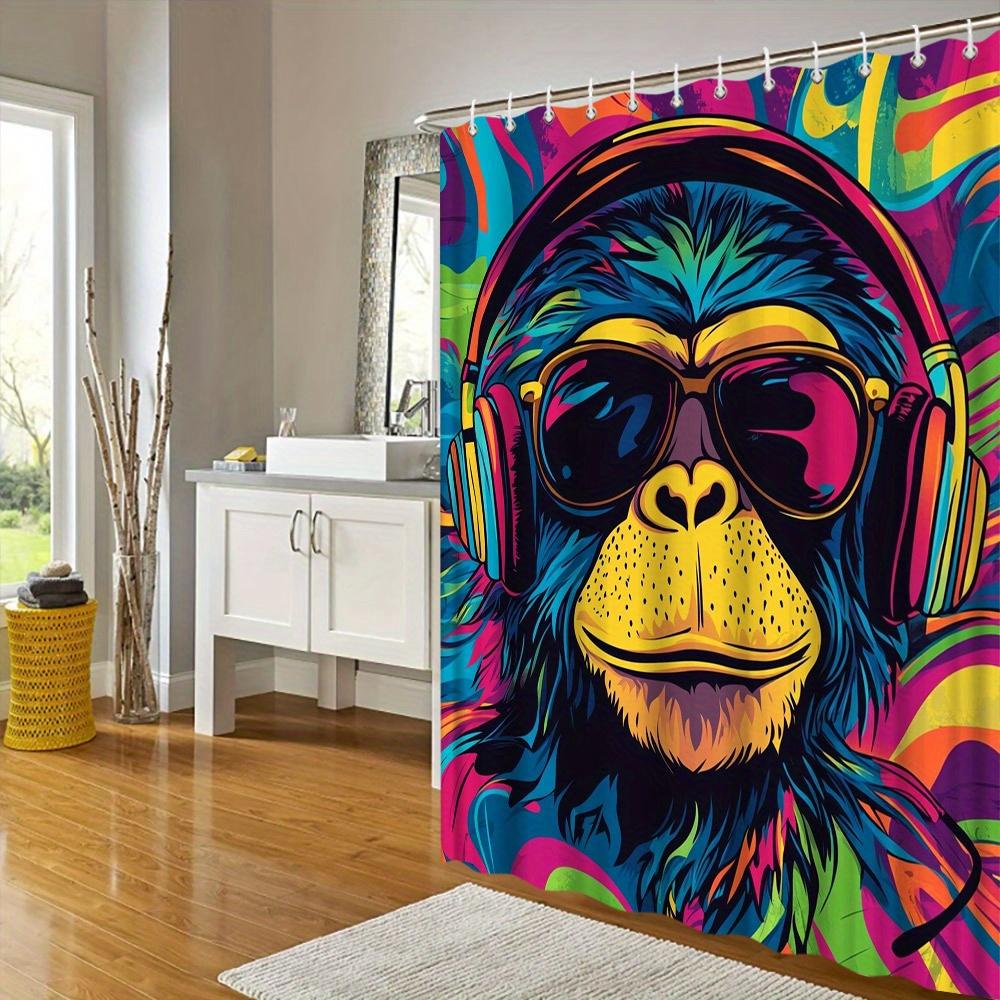 Digitale Duschvorhang - Stilisierter Affe, Bunte Kopfhörer, Psychedelischer Hintergrund, Verspieltes Design
