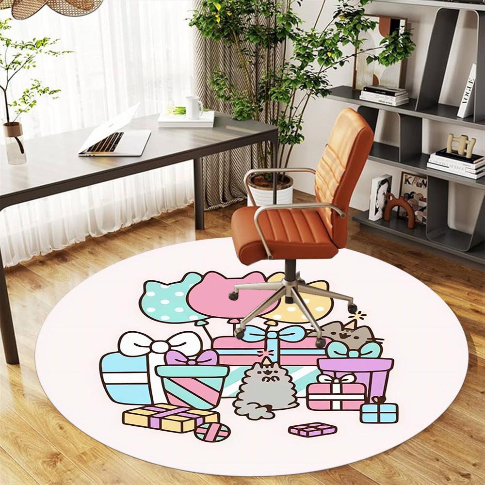 1pc Pusheen Party Round Chair mat Area Rug - Non-Slip, Floor Mat for Office, Bedroom, home decor Christmas Gift p0811238
