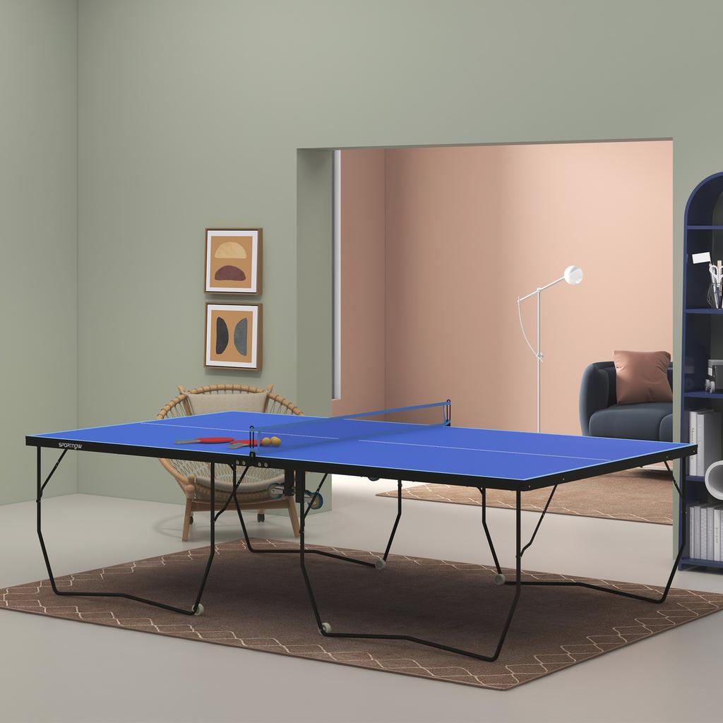 9FT Folding Tennis Table, with 8 Wheels, for Indoor Use, Blue