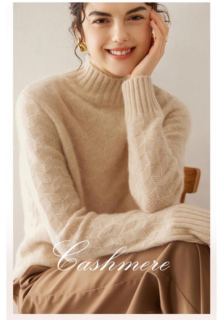 Twisted Flower Half-High Collar Cashmere Knit Sweater - Women's Solid Color, Long-Sleeve, Versatile Pullover, Comfortable Base Layer.