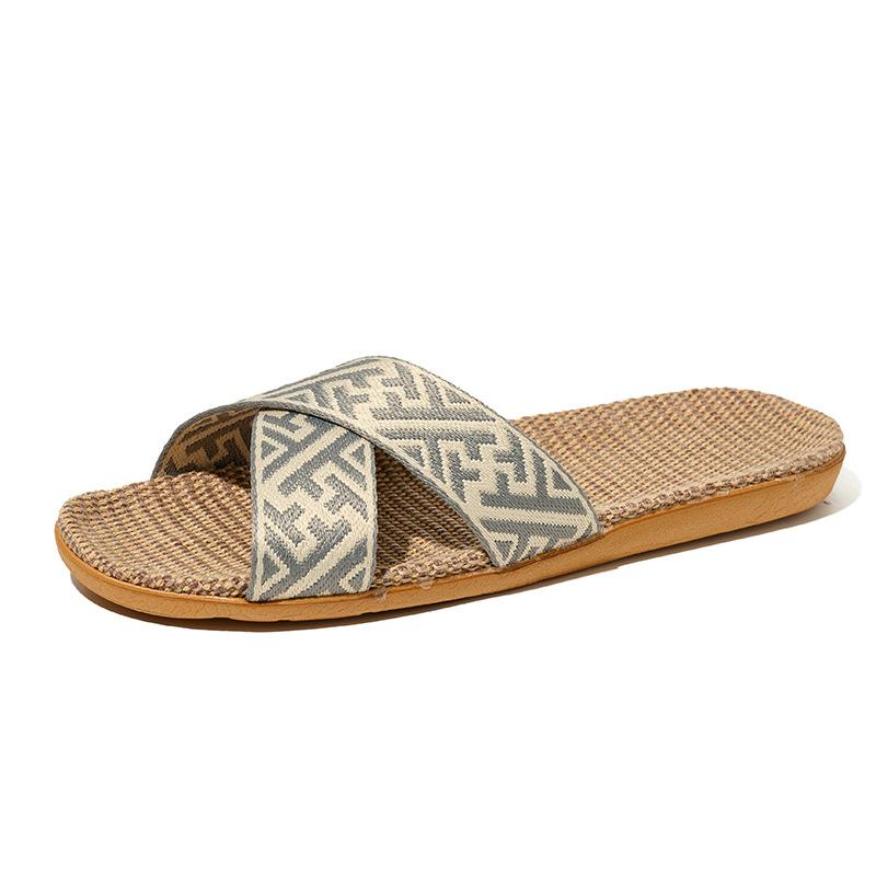 

Дышащие легкие льняные пляжные нескользящие тапочки для пар на открытом воздухе - бесшумные этнические сандалии с перекрестными ремешками для дома и помещений 37-38
