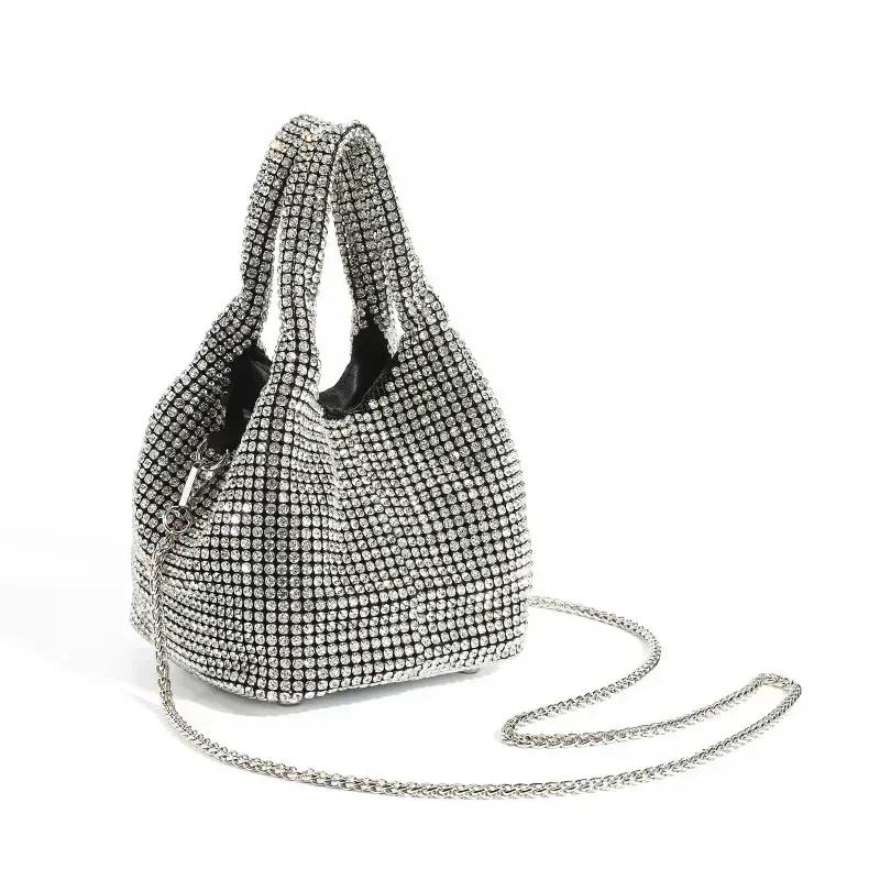 Rhinestone-Filled Bag Women'S Diamond-Studded Dinner Bucket Bag Rhinestone-Studded Chain Bag Shiny Hand-Held Crossbody Bag