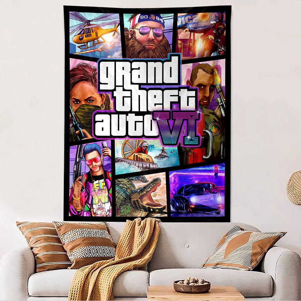 GTA VI Tapestry Wall Hanging, Grand Theft Auto 6 Poster Art, Gamer Wall Decor for Bedroom Living Room Dorm
