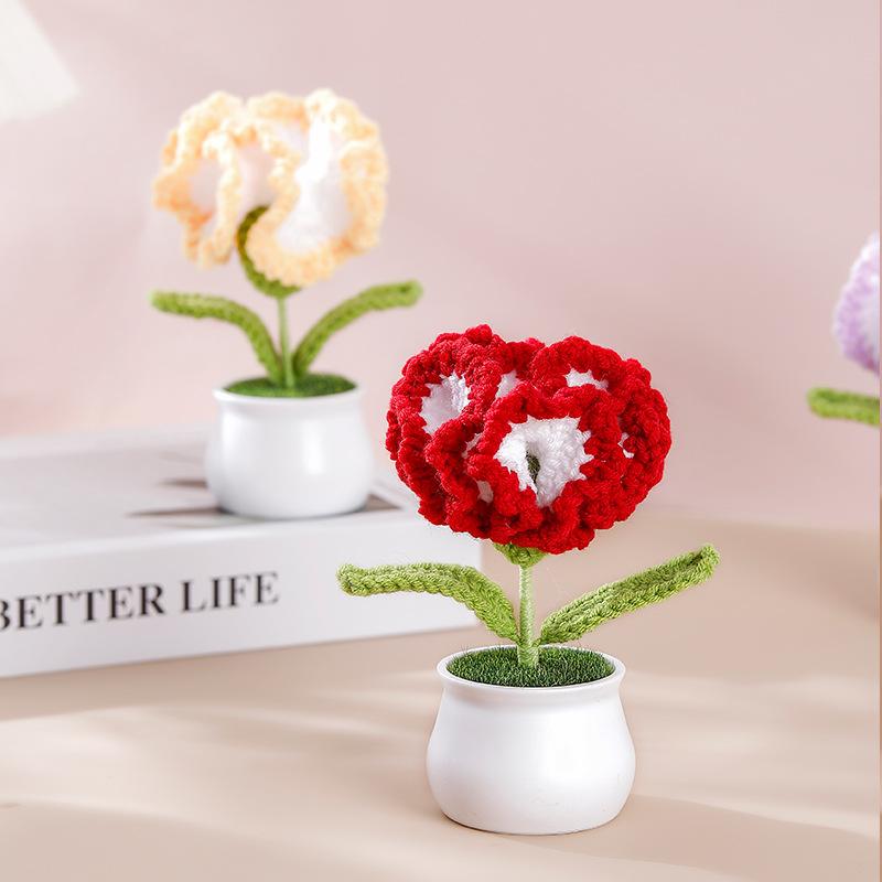 Crochet Flower Carnation Artificial Flower Potted Desktop Office Home Decor Wedding Mother's Day Graduation Birthday Gifts