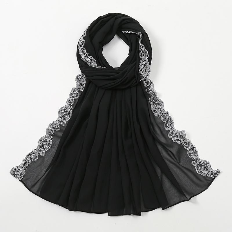 Einfacher Spitzenschal Bubble Chiffon Hijabs für Frauen Einfarbige Bestickte Schals Chiffon Muslimischer Frauenschleier Eid Abaya Frau Turban