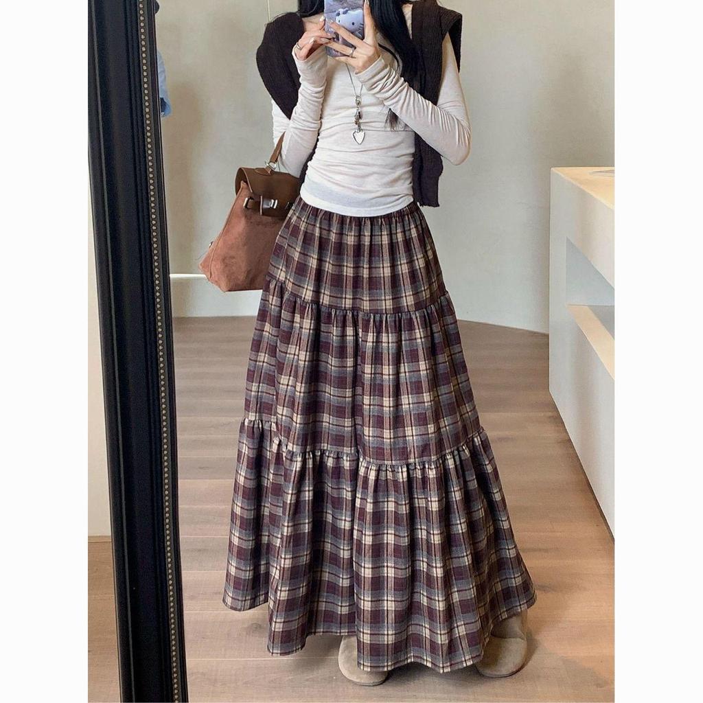 2025 Women's Retro Plaid High-Waisted A-Line Patchwork Slimming Mid-Length Skirt