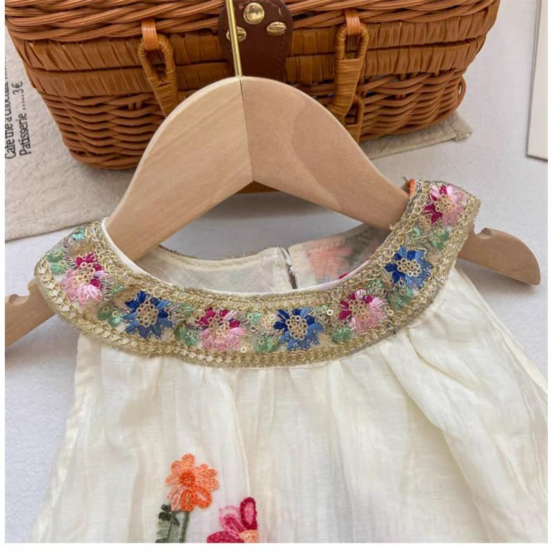 Summer Arrival Neck Embroidered Dress Floral Embroidered Mesh Layered Sleeveless Dress Girls Cute