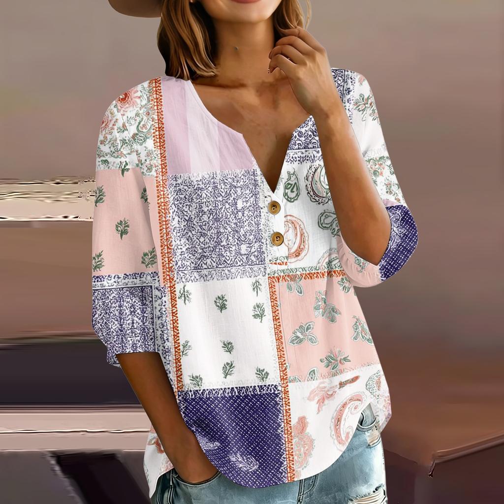 Women’s Casual Floral Print Henley Neck Button Down Cotton Linen Shirt with Three Quarter Sleeves Relaxed Fit Blouse Top