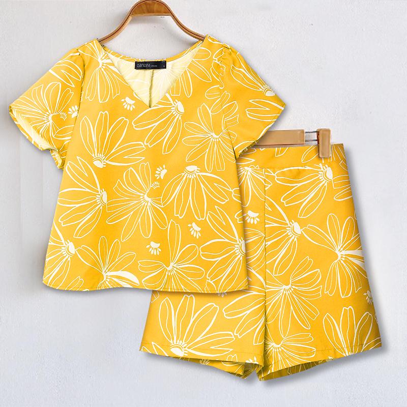 ZANZEA Women Short Sleeve Blouse and Shorts Summer Print Two Piece Suit Sets