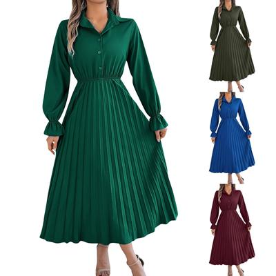 Kadın Modası Retro Düz Renk Uzun Kollu Düğmeli Bel Yaka Elbise
