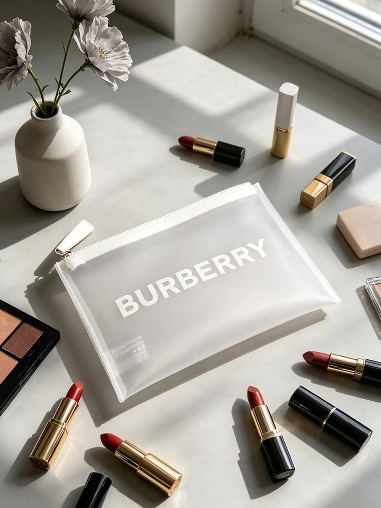 Burberry Frosted Clear PVC Makeup Bag Printed Logo Portable Zipper Cosmetic Pouch for Women Travel Daily Storage