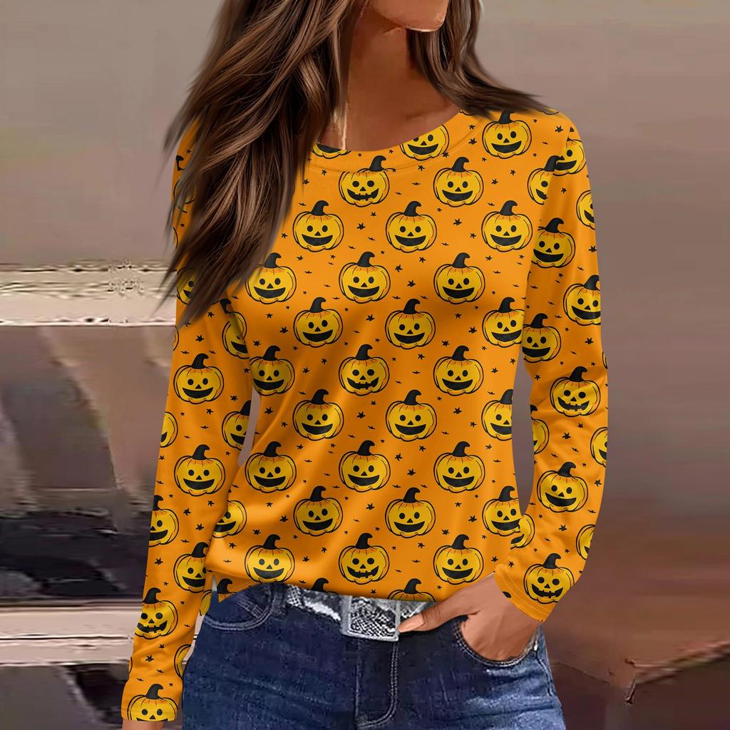 Women's Fashion Hem Slit Casual Halloween Printed Round Neck Long Sleeve Top