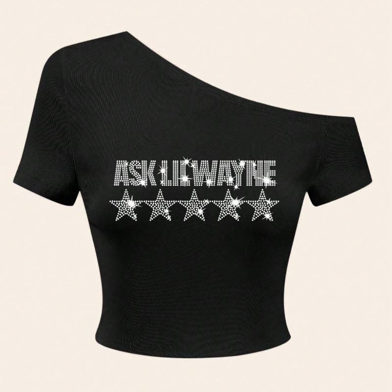 

European and American summer women s fashion trend hot stamping diamond slim fit slanted shoulder exposed navel short T-shirt L