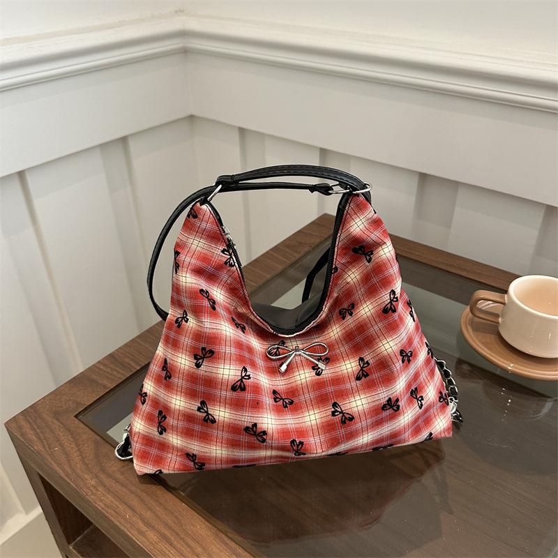 Korean version of foreign style plaid chain casual shoulder bag 2025 autumn and winter new bow messenger tote bag backpack